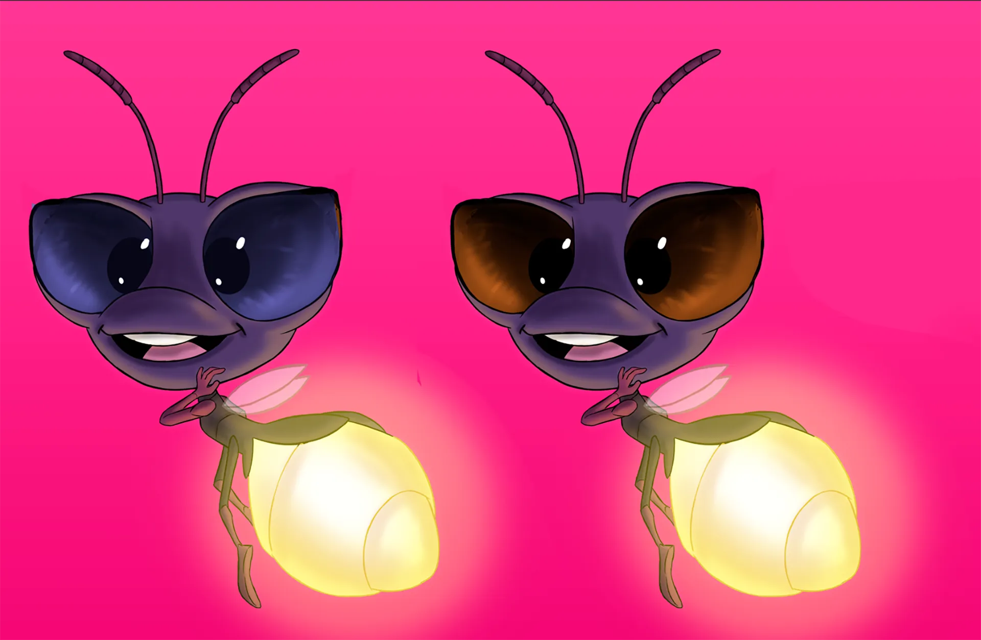 Color versions of the firefly character we made for the 3D character animation project made for the Finnish telecommications company DNA.