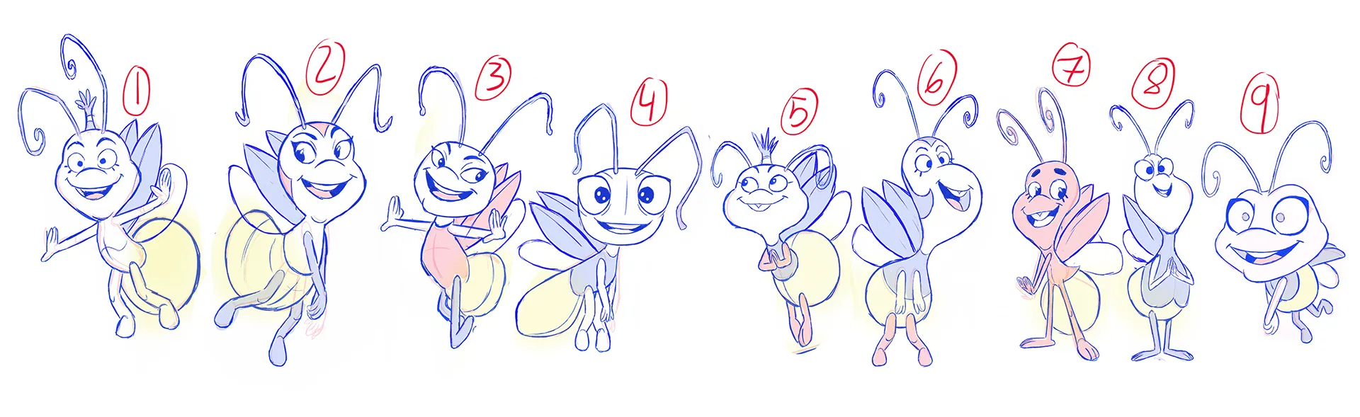 2D character design sketch for the firefly character, one of many characters we designed for the 3d character animation production for DNA.