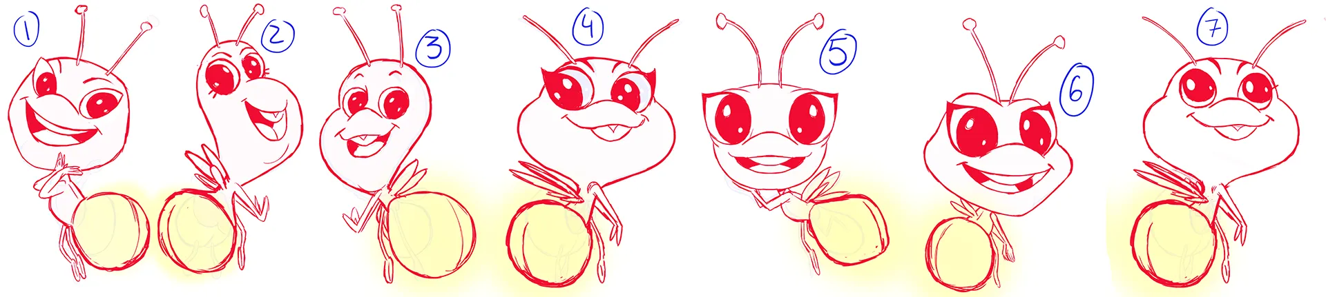 2D character design sketch for the firefly character, one of many characters we designed for the 3d character animation production for DNA.