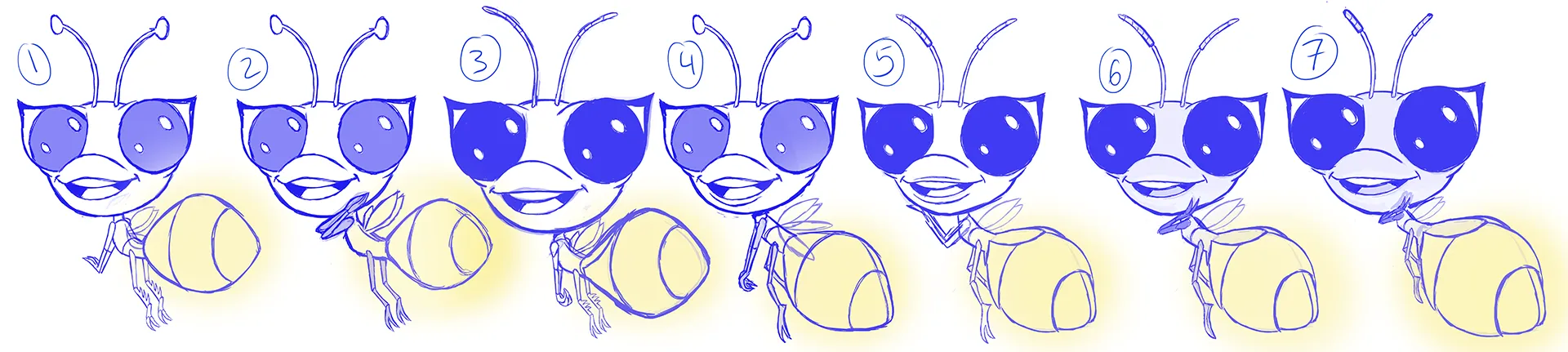 2D character design sketch for the firefly character, one of many characters we designed for the 3d character animation production for DNA.