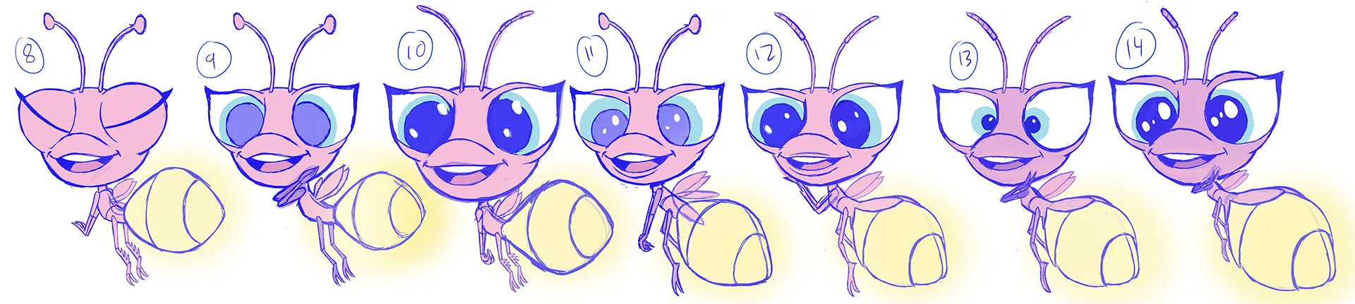 2D character design sketch for the firefly character, one of many characters we designed for the 3d character animation production for DNA.