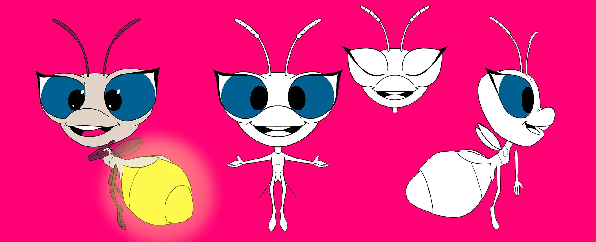 2D character design sketch for the firefly character with front and side views for 3d character animation production for DNA.