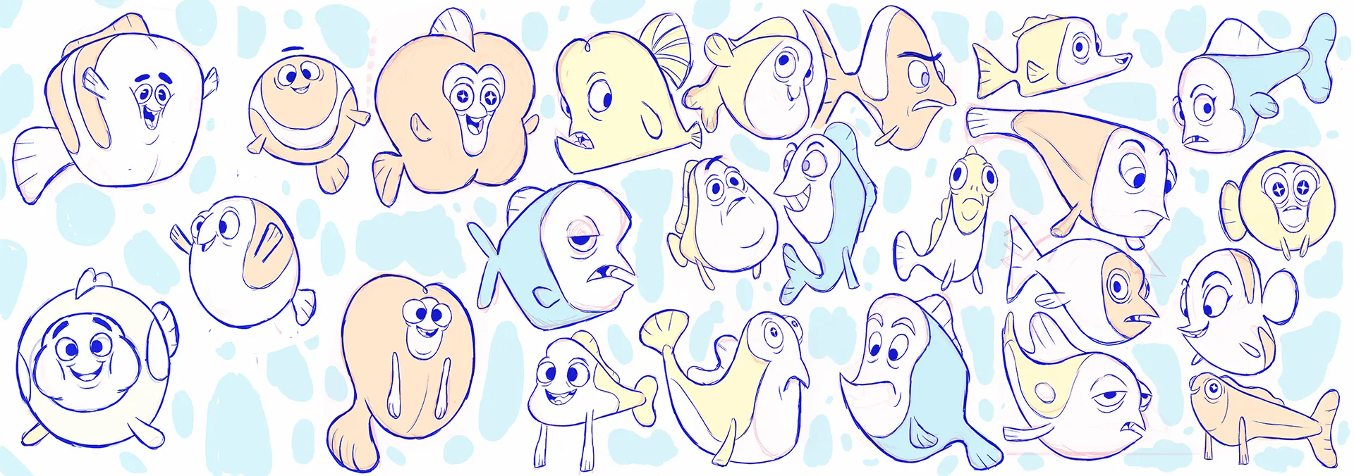Character design sketches for the blowfish character we made for the 3D character animation project for the Finnish telecommunications company DNA.