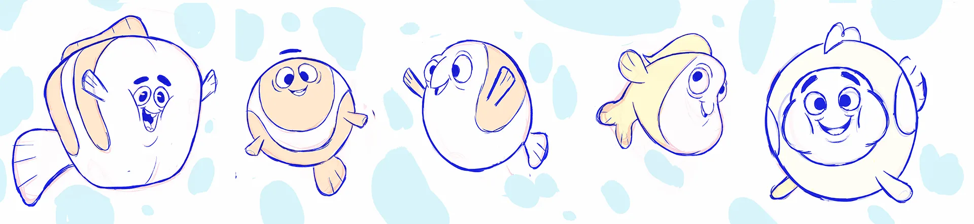 Character design sketches for the blowfish character we made for the 3D character animation project for the Finnish telecommunications company DNA.