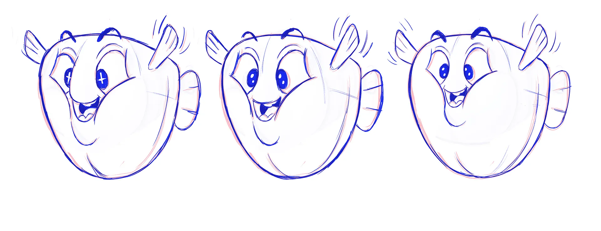 Character design sketches for the blowfish character we made for the 3D character animation project for the Finnish telecommunications company DNA.