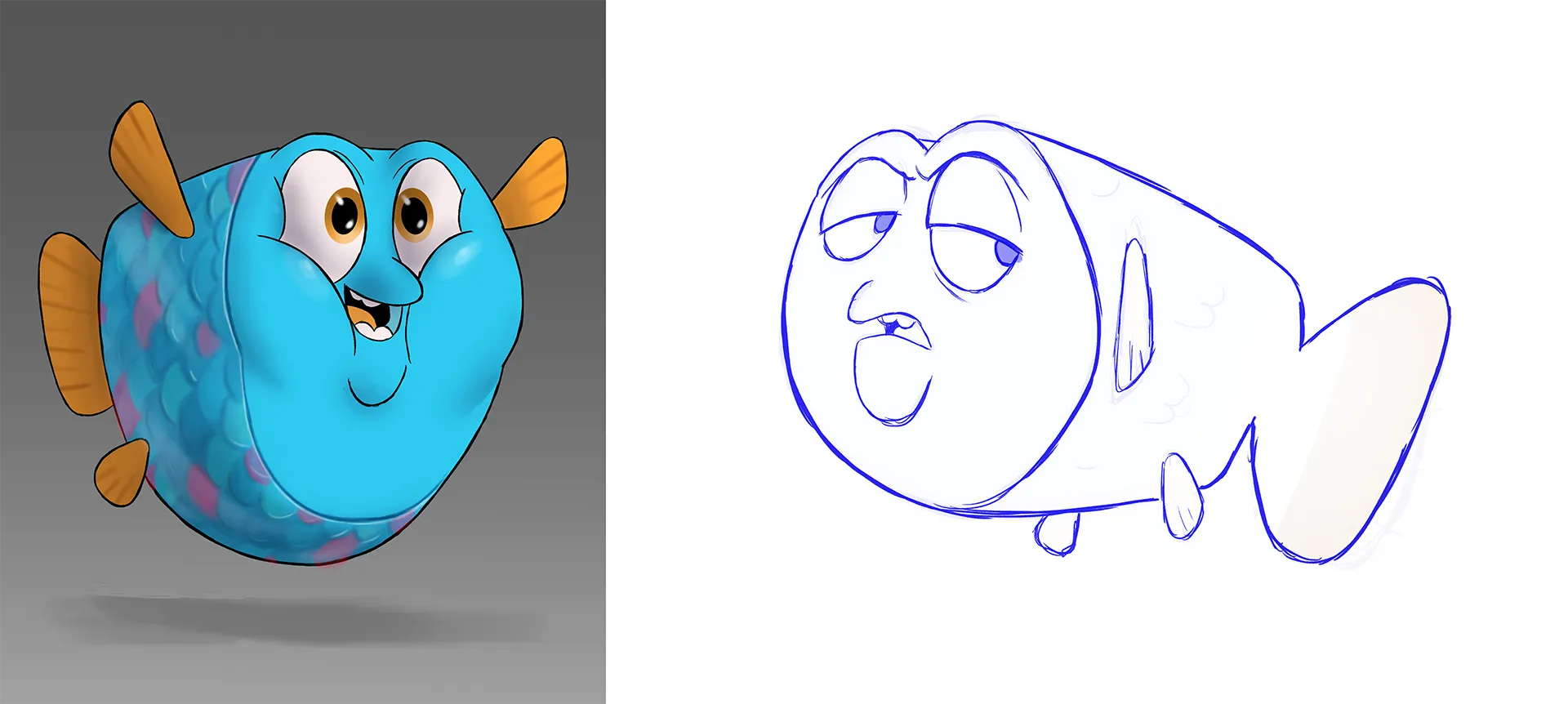 Character design drawings for the blowfish character. Different expressions were studied here as well.