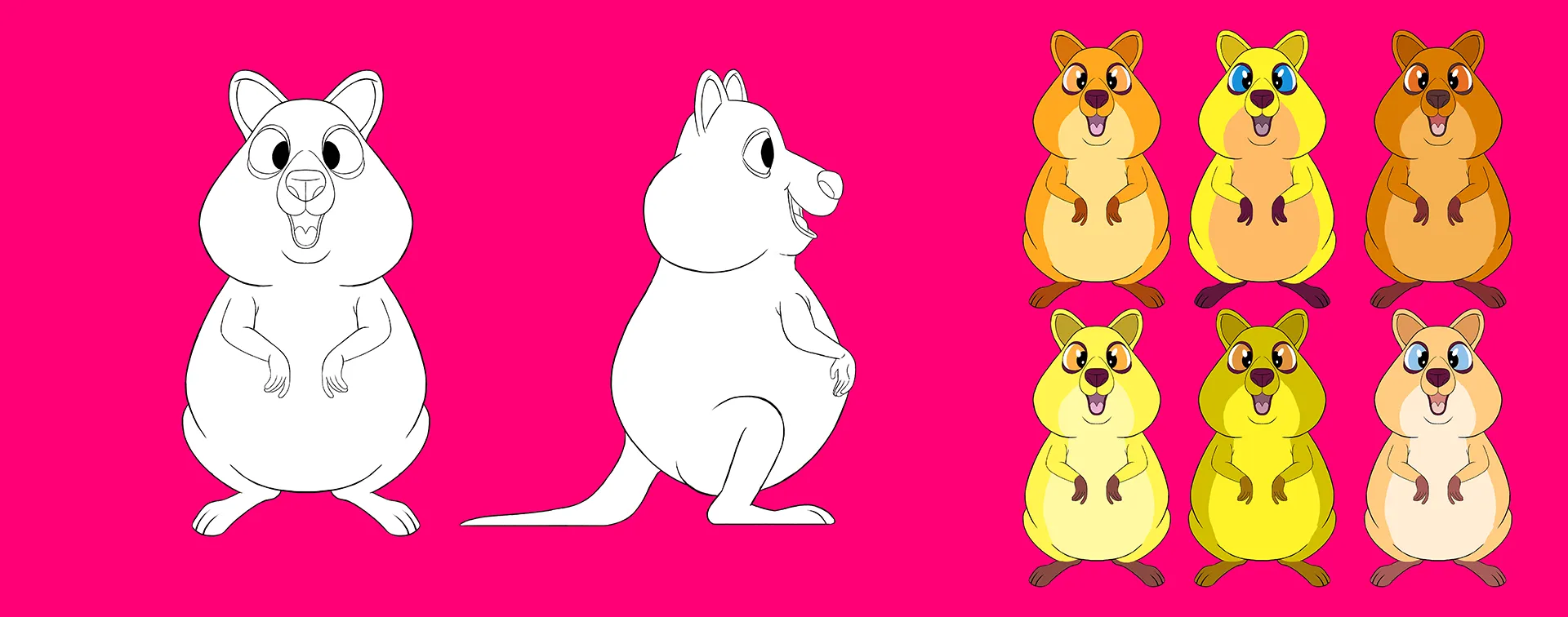 Final color sketches and front and side views of the quokka character. A part of a animation production we made for the Finnish telecommunications company DNA.
