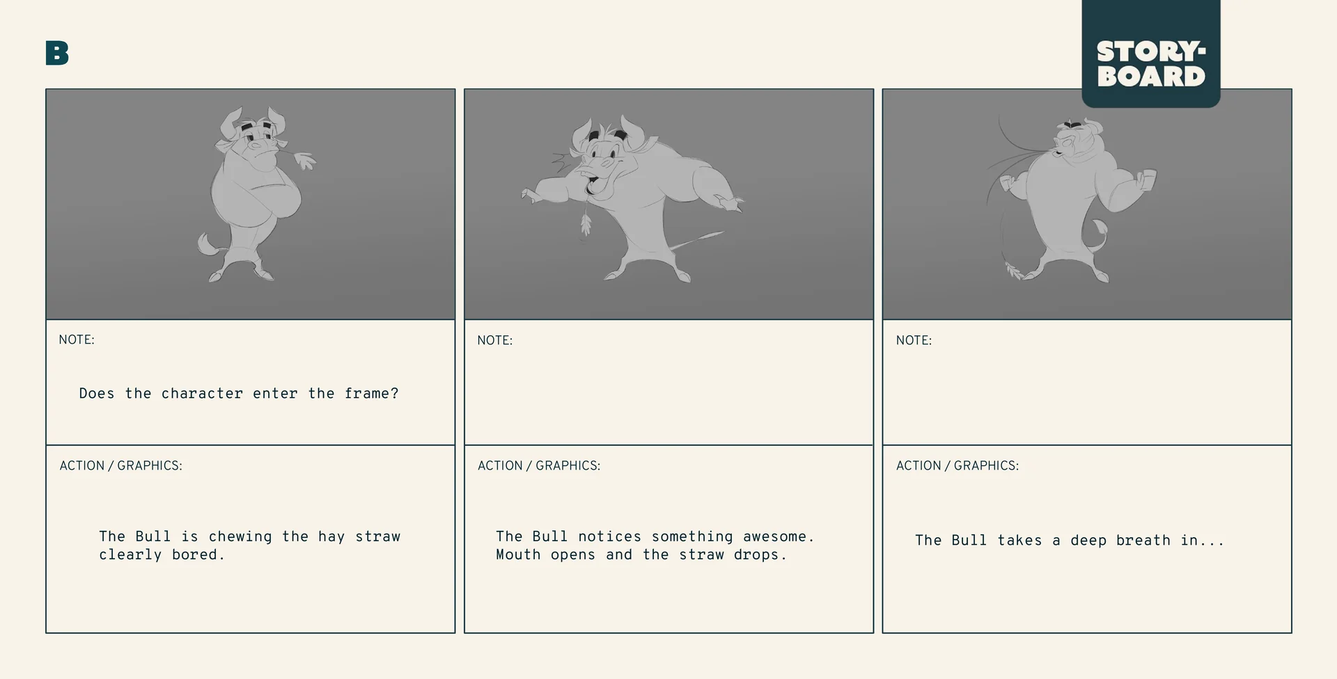 Storyboard page 1 of 3 for the bull character in the 3D character animation production we made for DNA: the bored bull chews a hay straw, notices something and takes a deep breath.