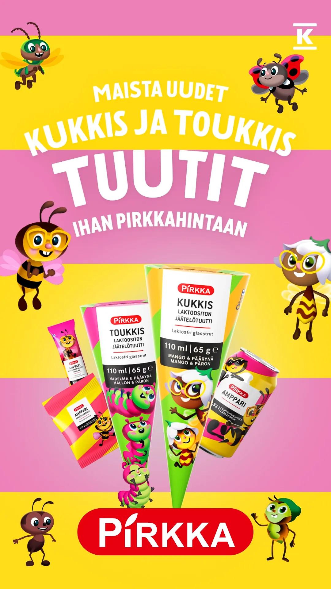 Vertical thumbnail image of the packshot for the 9:16 version of the animated commercial we made for Pirkka Amppari using 2D character animation.