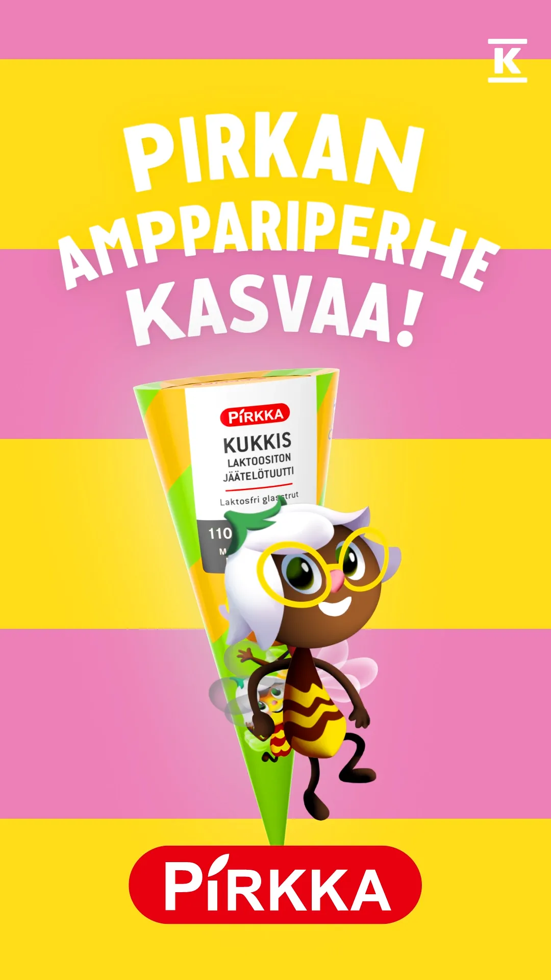 Vertical thumbnail image of the packshot for the 9:16 version of the animated commercial we made for Pirkka Amppari using 2D character animation.