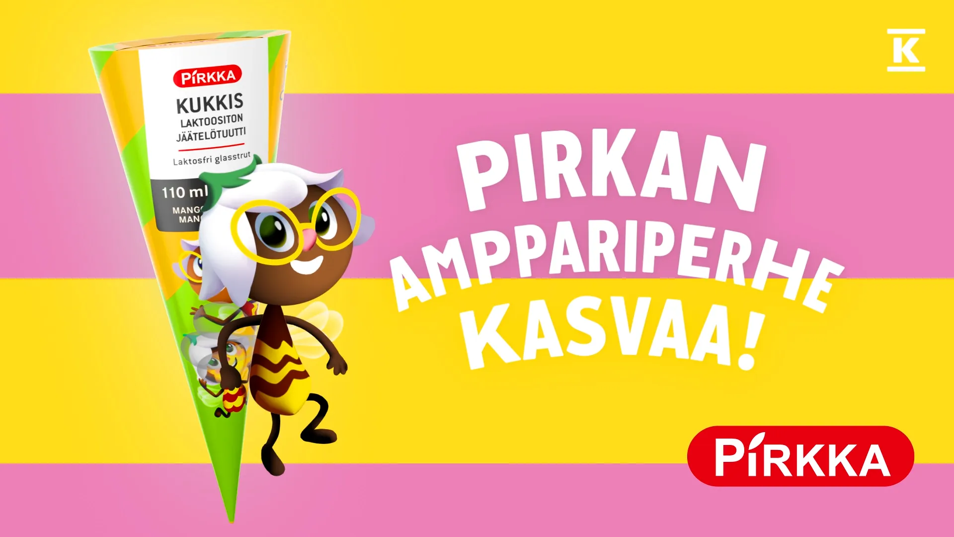 A still image from an ad we made for Pirkka Amppari family of cold sweets. We used 2D character animation mixed with other techniques to bring the commercials to life.