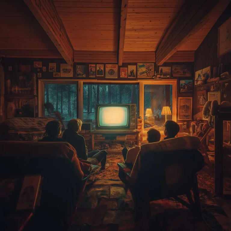 An image of a family in a cozy cottage, watching television. Featured image for the blog post Genre in Scriptwriting.