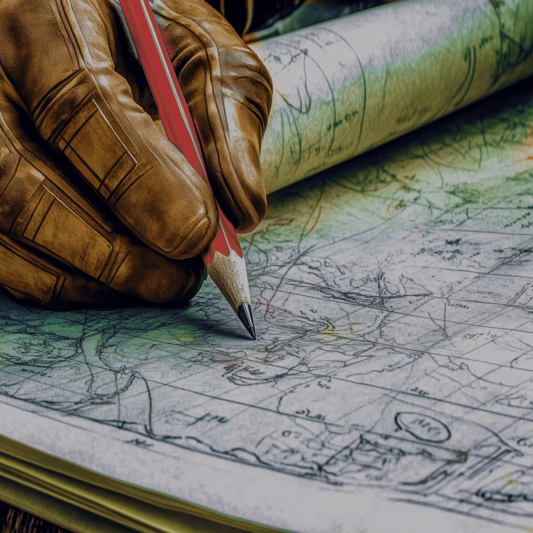 A featured image for the blog post: Drafting Your Story. In the image, a leather gloved hand is holding a pencil above a map.