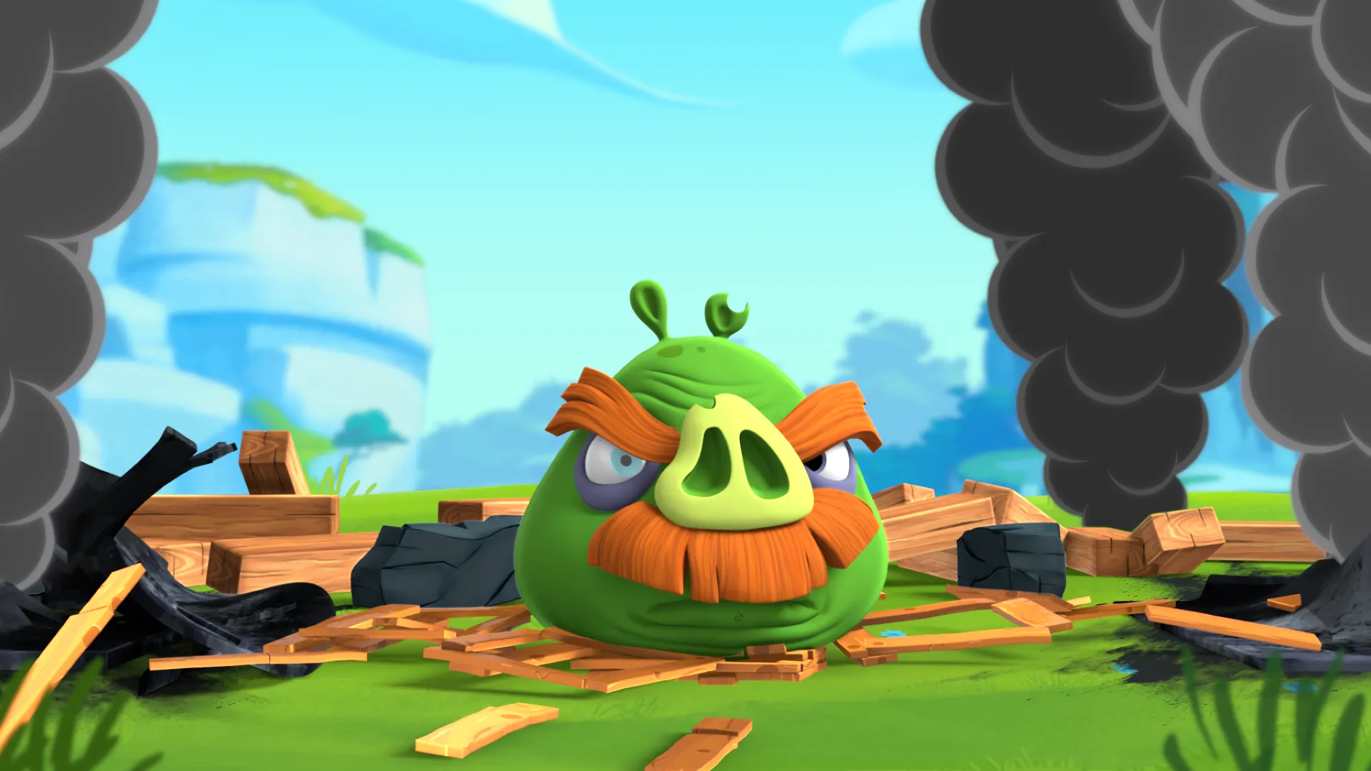 A screenshot from the Branded Entertainment project made for Rovio. A still image from Angry Birds Slingshot Stories, a 3D animated YouTube series.