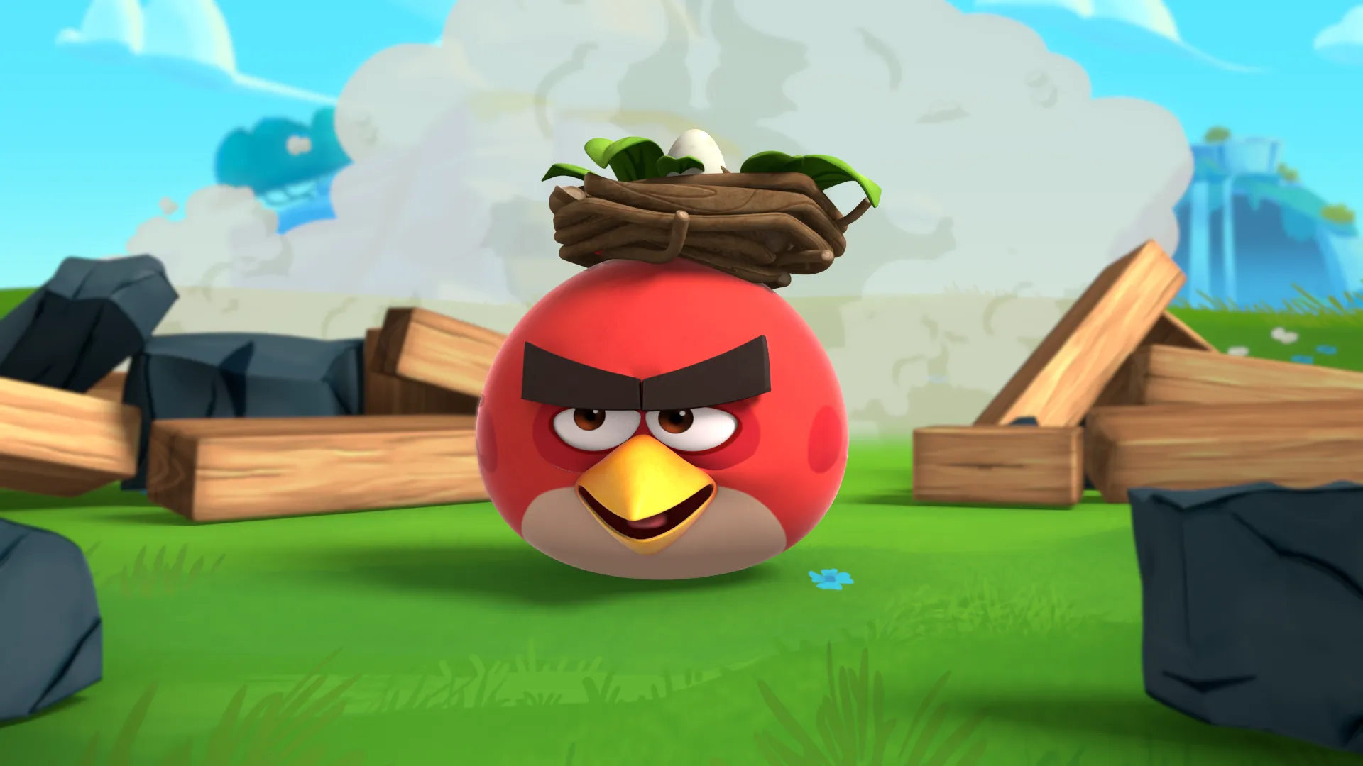 A screenshot from the Branded Entertainment project made for Rovio. A still image from Angry Birds Slingshot Stories, a 3D animated YouTube series.