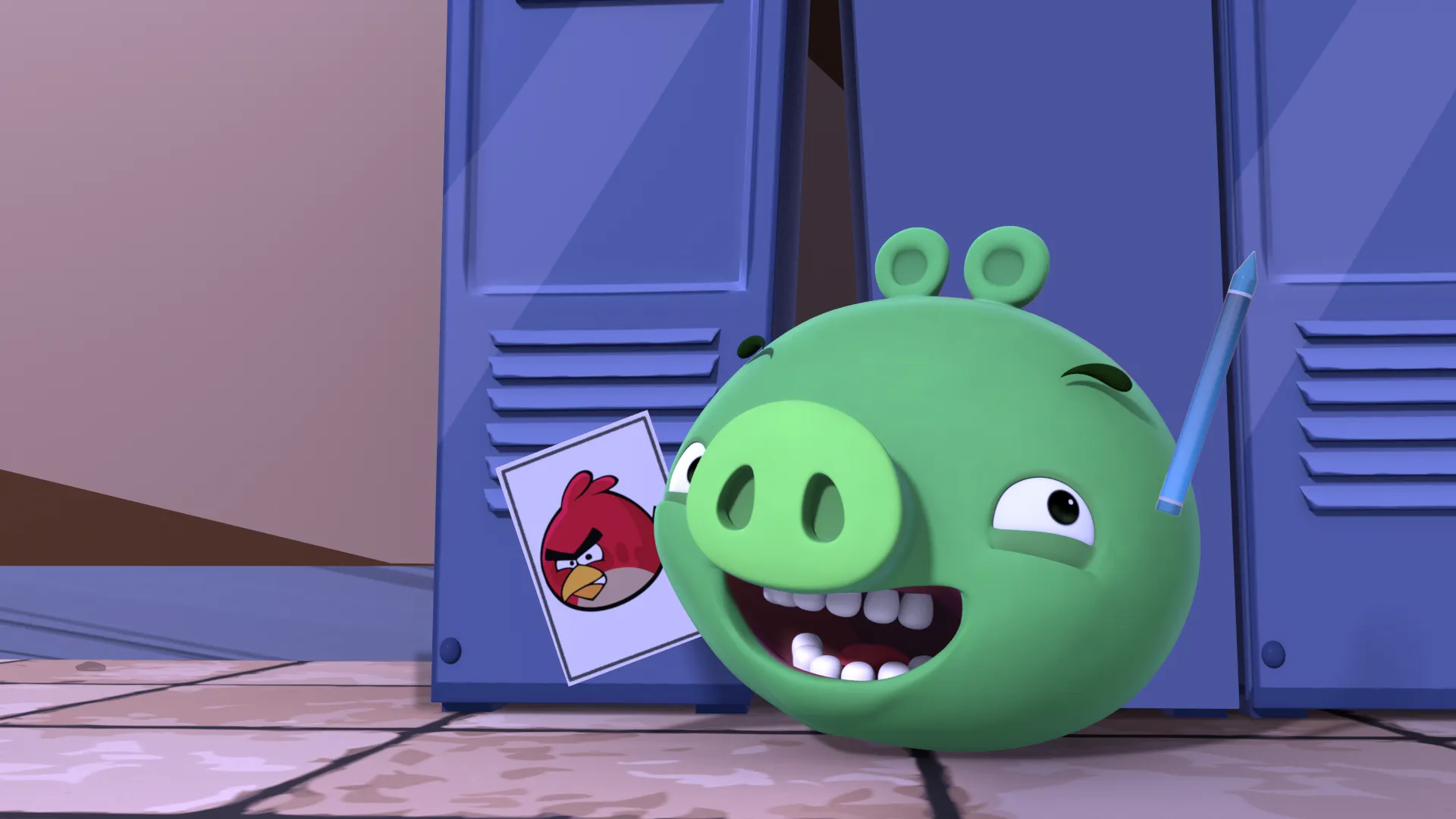 A screenshot from the Branded Entertainment project made for Rovio. A still image from Angry Birds Slingshot Stories, a 3D animated YouTube series.