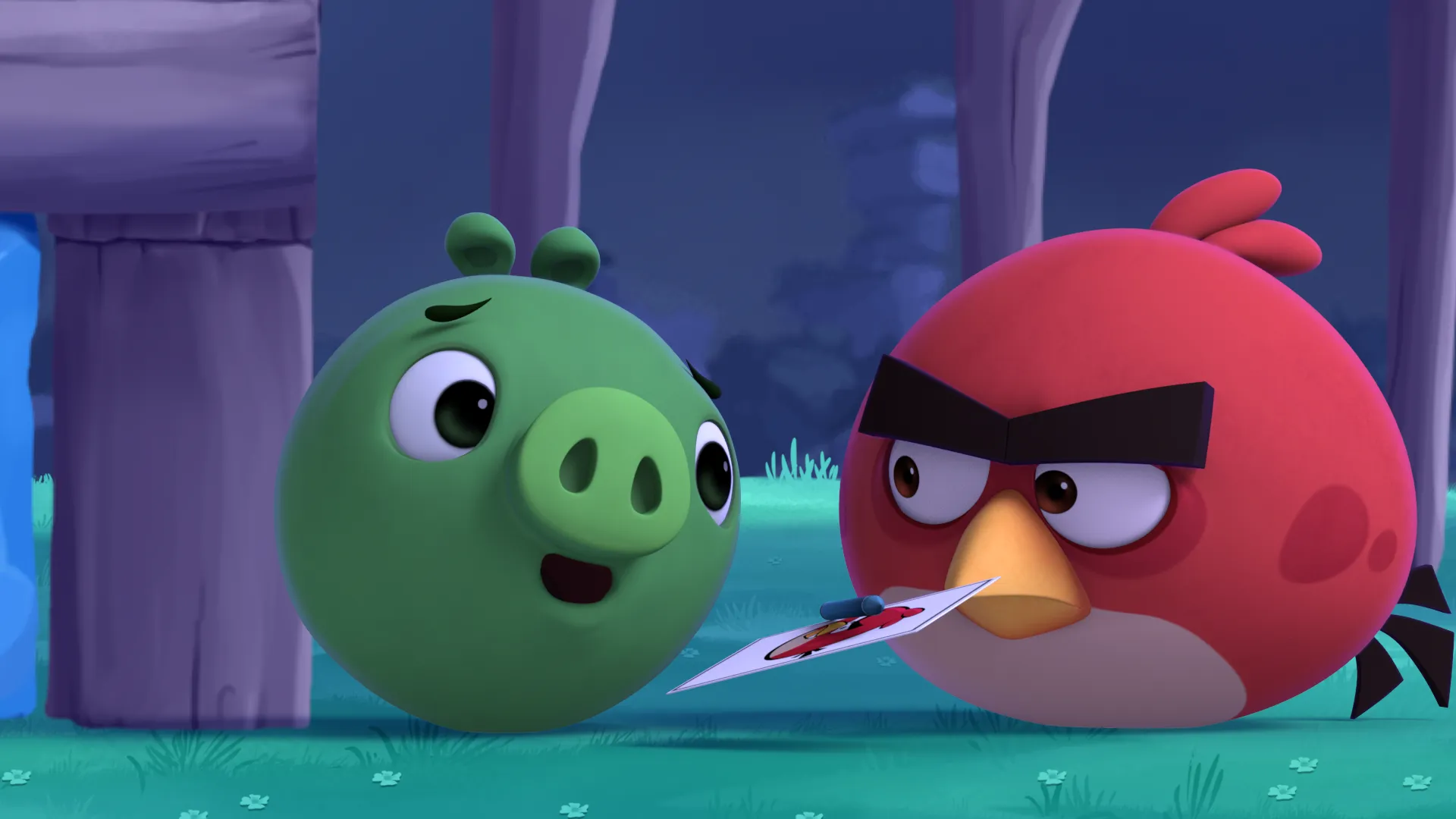 A screenshot from the Branded Entertainment project made for Rovio. A still image from Angry Birds Slingshot Stories, a 3D animated YouTube series.