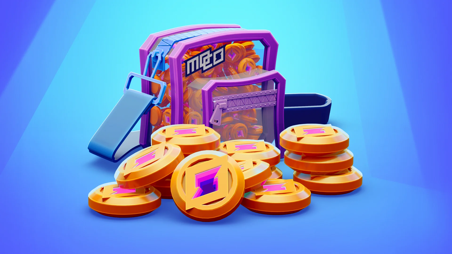 Featured image from the Brink Helsinki case study for Supercell mo.co game's in-world currency assets. In the image there is a transparent shoulder bag, surrounded by mo.gold coins.