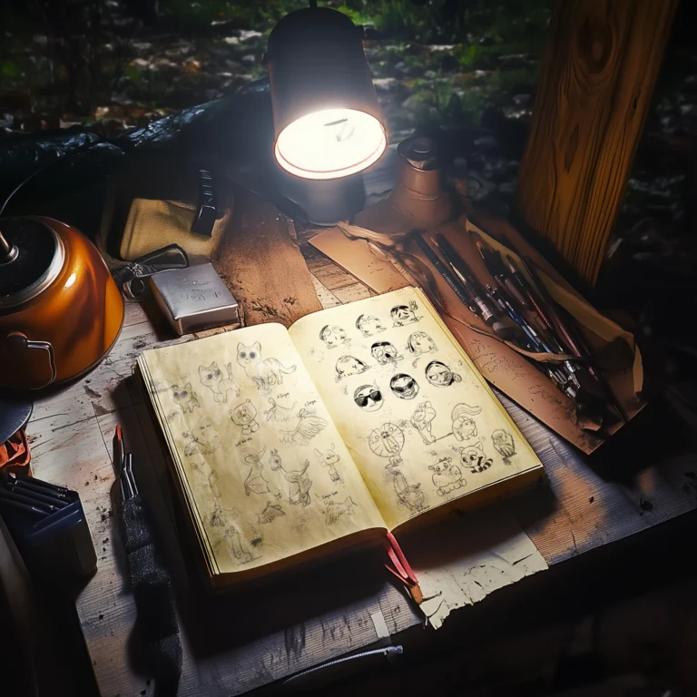 Featured image from the Brink Helsinki Blog Post: Character Design for Animation. In the image, there is an old an rugged table with a notebook full of character design drawings.