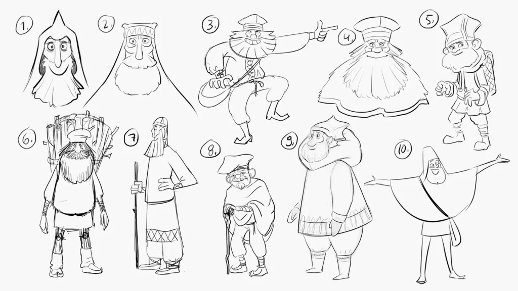 An image from the Brink Helsinki Blog Post: Character Design for Animation. In the image, there are some sketches of a Huttu-Ukko character.