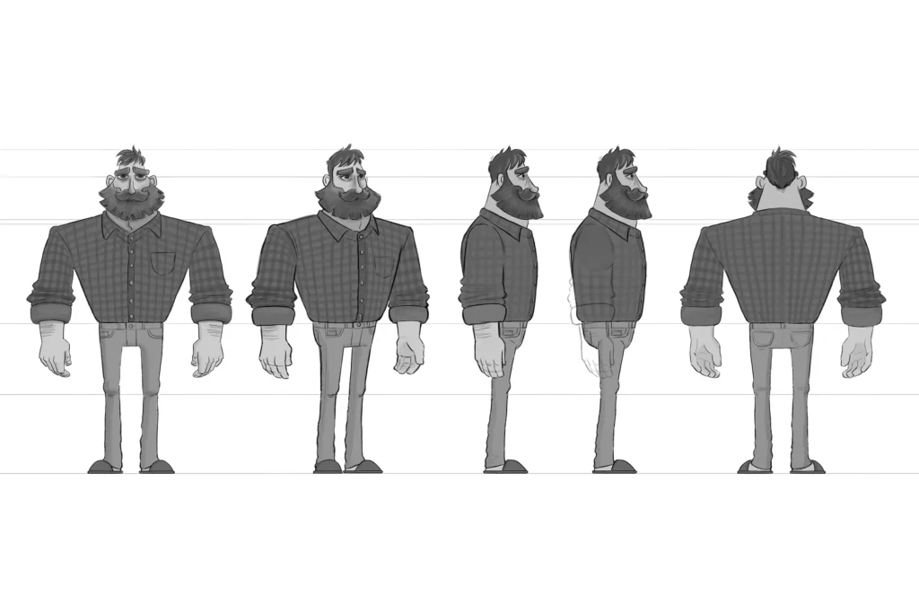 An image from the Brink Helsinki Blog Post: Character Design for Animation. The image is a turnaround image, where the character is presented from specific angles to aid in the modeling and animation stage.
