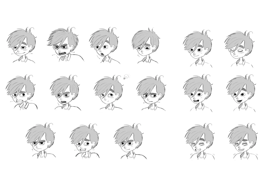 An image from the Brink Helsinki Blog Post: Character Design for Animation. The image is a character facial expression sheet.