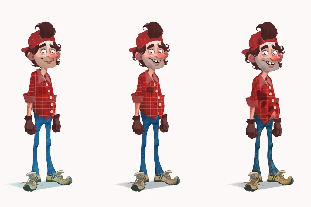 An image from the Brink Helsinki Blog Post: Character Design for Animation. The image is a character transformation sheet.