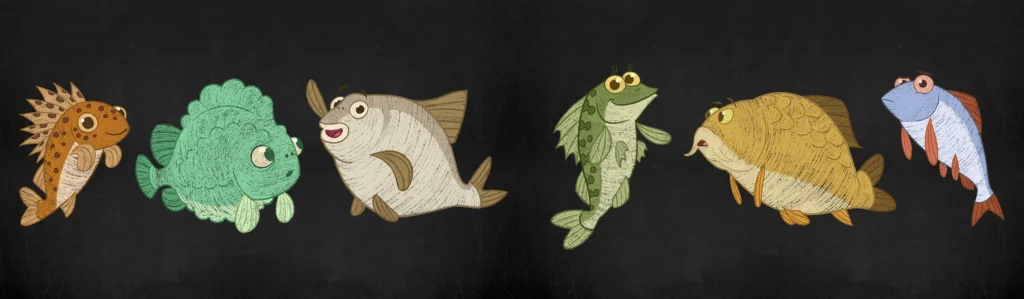 An image from the Brink Helsinki Blog Post: Character Design for Animation. The image is a character design sheet for the K-Citymarket Fish Buddies animation production.