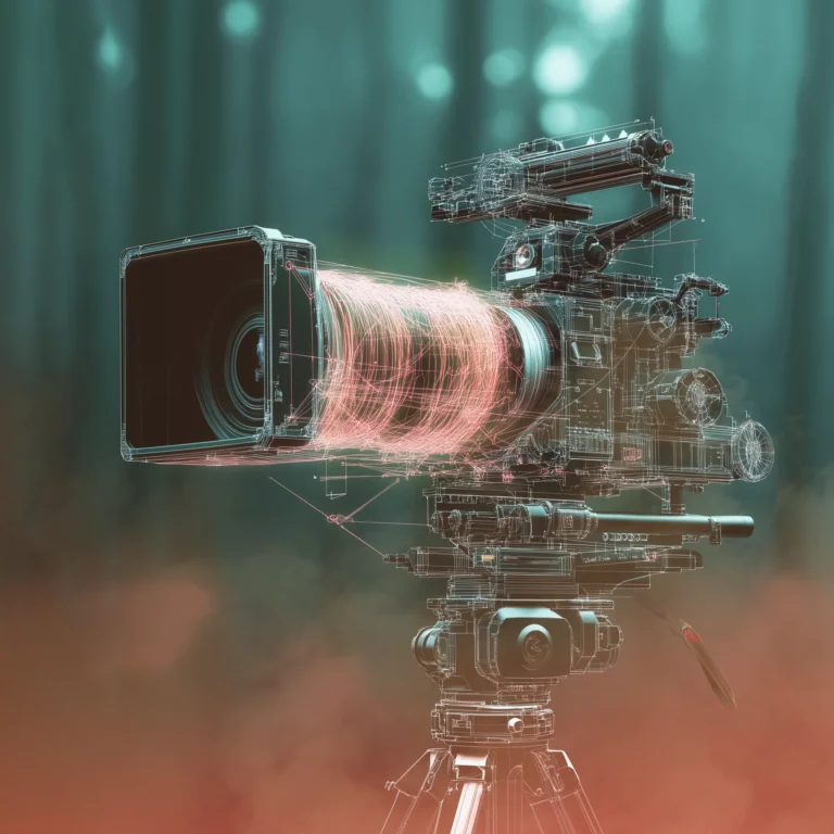 Featured image of the Brink Helsinki Blog Post: Cinematography in Animation. In the image, there is an illustration of a digital film camera in the forest, with overlaid graphical lines.