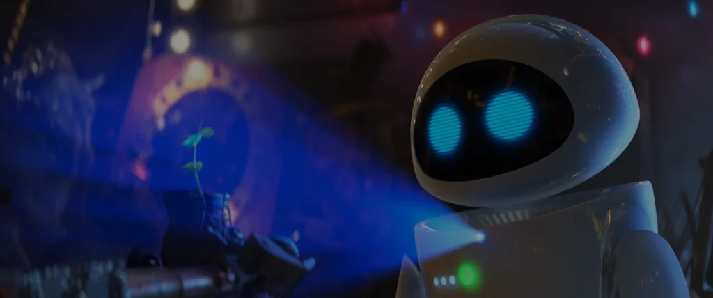 An image from the Brink Helsinki Blog Post: about shot sizes in animation. The image a close-up shot of the Disney Pixar movie WALL-E.