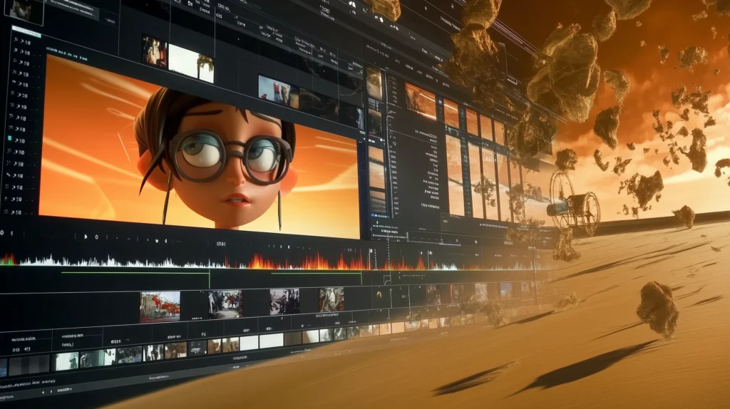 A content image from the Brink Helsinki Blog Post: Editing in Animation. In the image there is an artistic impression of an editing software with an animated character floating in a turbulent desert-like environment.