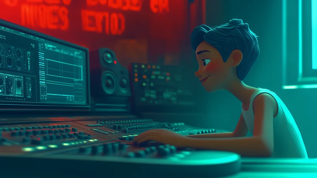 A content image from the Brink Helsinki Blog. In the image there is an animation character sitting in a video editing suite. The lighting is dark and moody, cinematic.