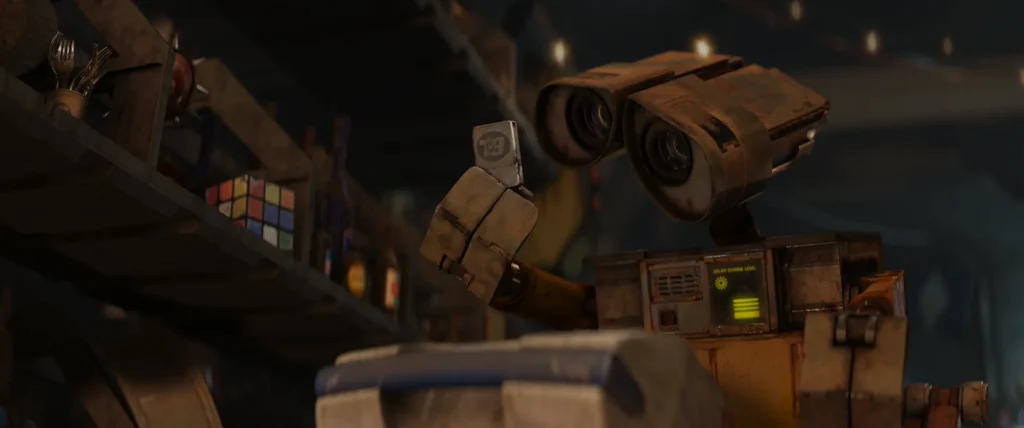 An image from the Brink Helsinki Blog Post: Cinematography in Animation, demonstrating the composition technique foreground-midground-background using a still frame from the Disney Pixar movie Wall-E as an example