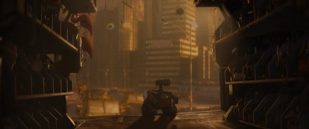 An image from the Brink Helsinki Blog Post: Cinematography in Animation, demonstrating the composition technique frame within a frame using a still frame from the Disney Pixar movie Wall-E as an example