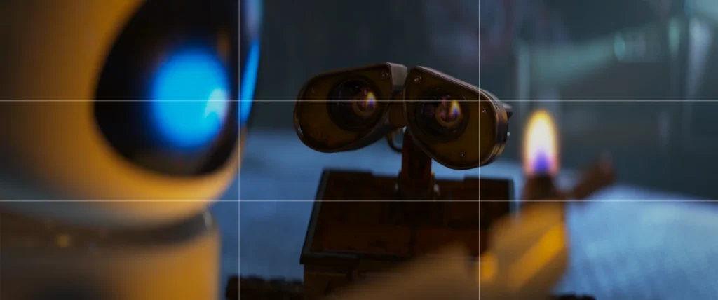 An image from the Brink Helsinki Blog Post: Cinematography in Animation, demonstrating the composition rule of thirds using a still frame from the Disney Pixar movie Wall-E