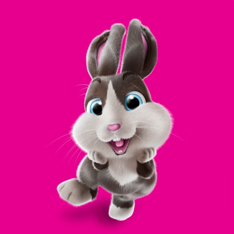 A still image from a 3D character campaign we made for the finnish teleoperator DNA called Joyful Animals. In the image there is a 3D Bunny, full of joy!
