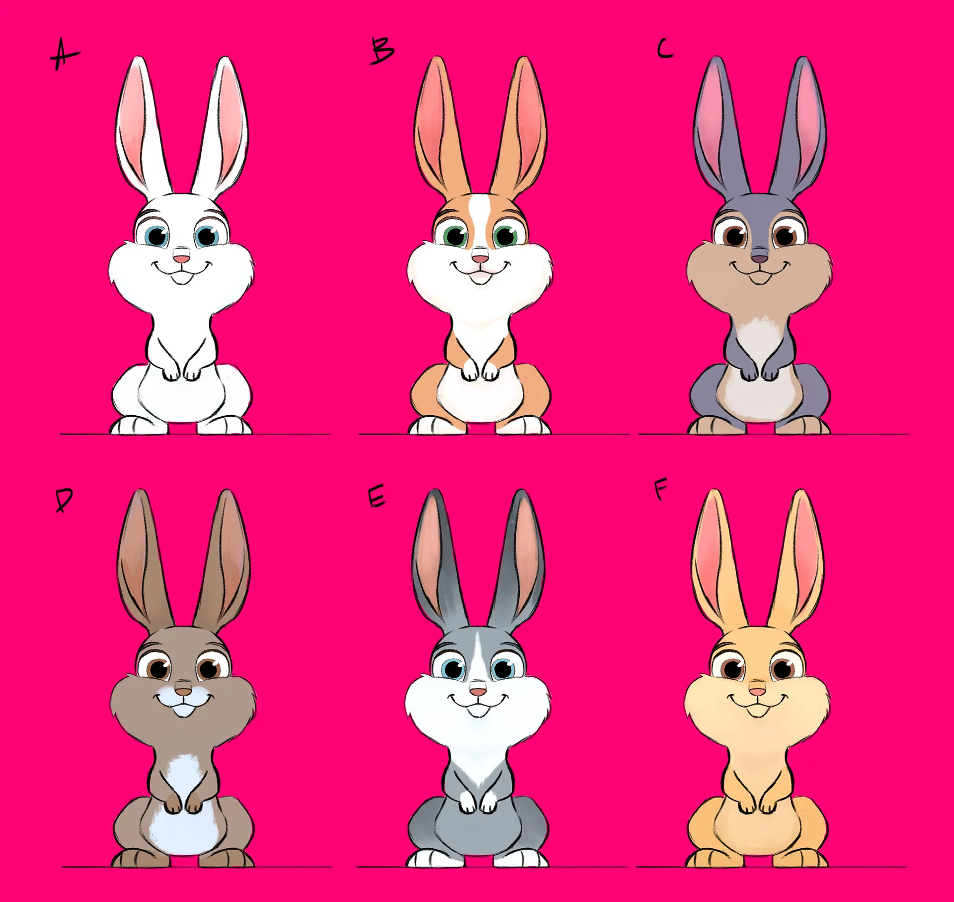 Character design process images for our 3D animated characters case study for DNA called Joyful Animals.