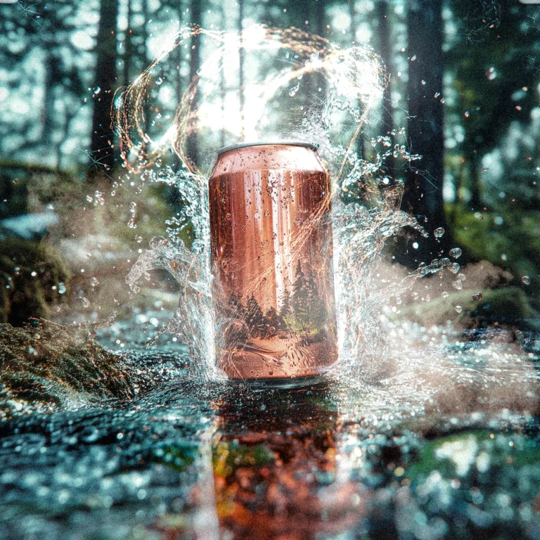 Featured image from the Brink Helsinki blog post: Effects Animation. In the image, there is a forest themed beverage can, that is close to a forest floor, with a water splash, sparks, smoke and magical light surrounding it.
