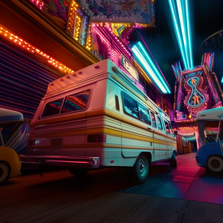 Featured image for the Brink Helsinki blog post: Lighting in Animation. In the image there is a vintage camping van in an amusement park with colorful lights filling the image.