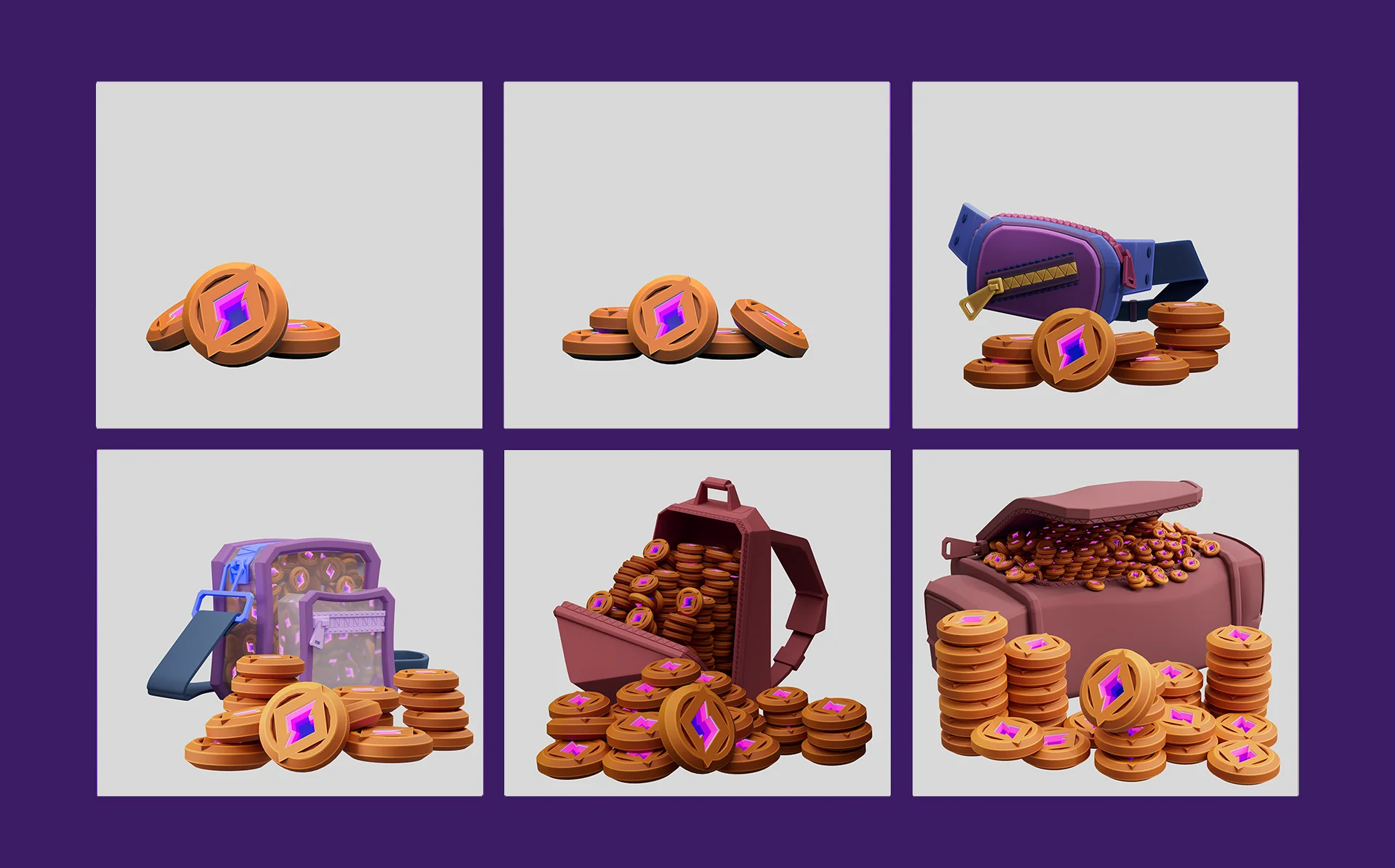 A process image from the Brink Helsinki case study: 3D rendered game assets, from a production made for Supercell's mo.co game. In the image there is a rough rendering and layout of a 3D model of the asset.