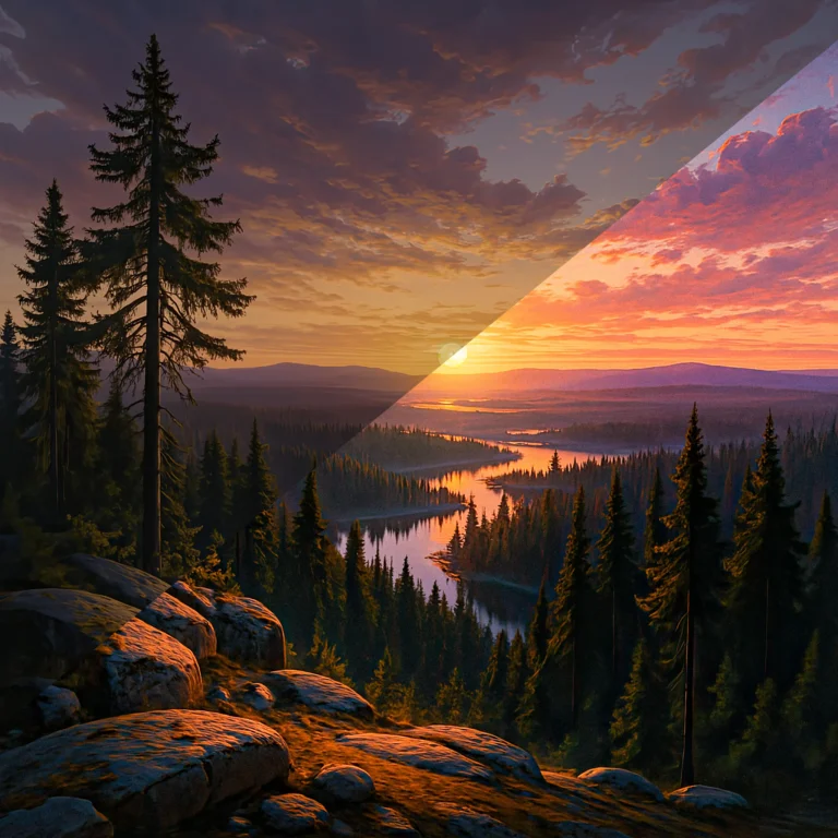 Featured image from the Brink Helsinki Blog Post: Color Grading in Animation. In the image, there is a grand vista to a pine wood forest with a sunset. A river flows through the image and the sky is ablaze with sunset hues. The image is split in two to demonstrate color grading in an image.