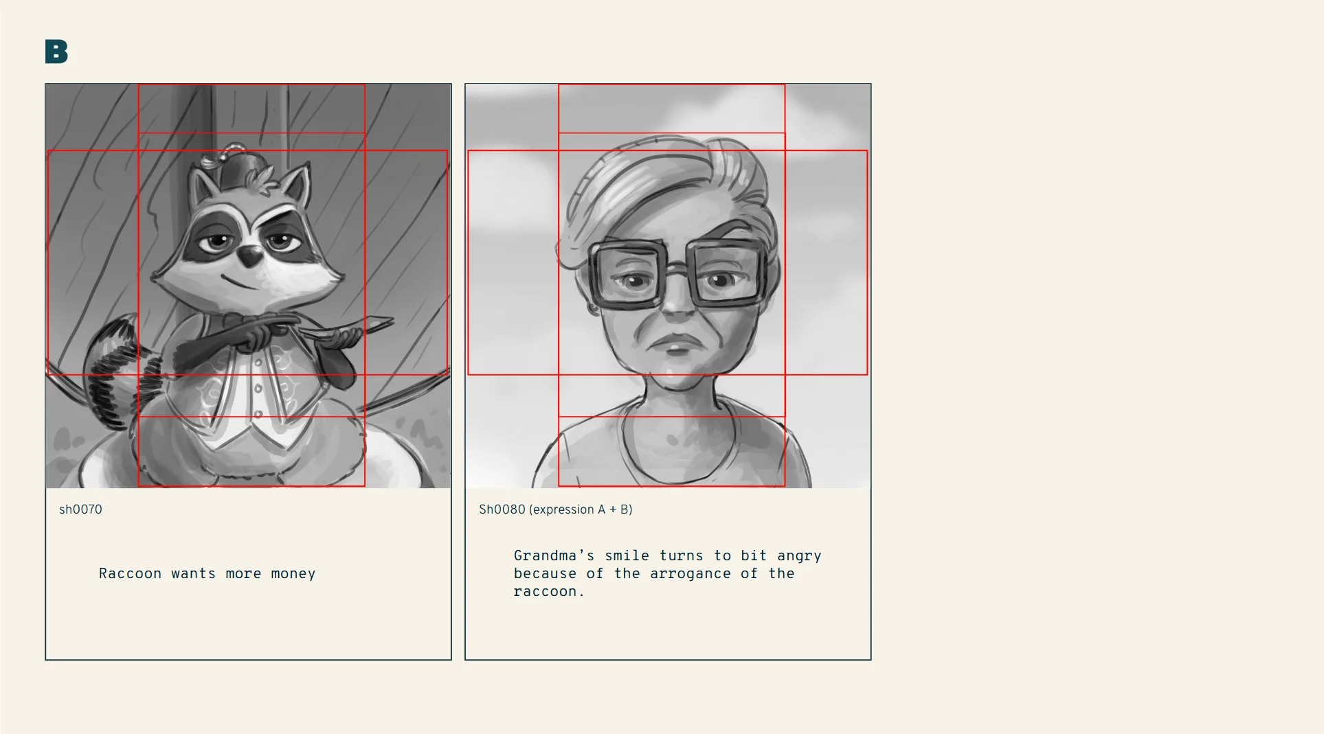 a set of storyboard images from the Brink Helsinki case study for 3D animated user acquisition video: Metacore Merge Mansion Raccoon Riddle.