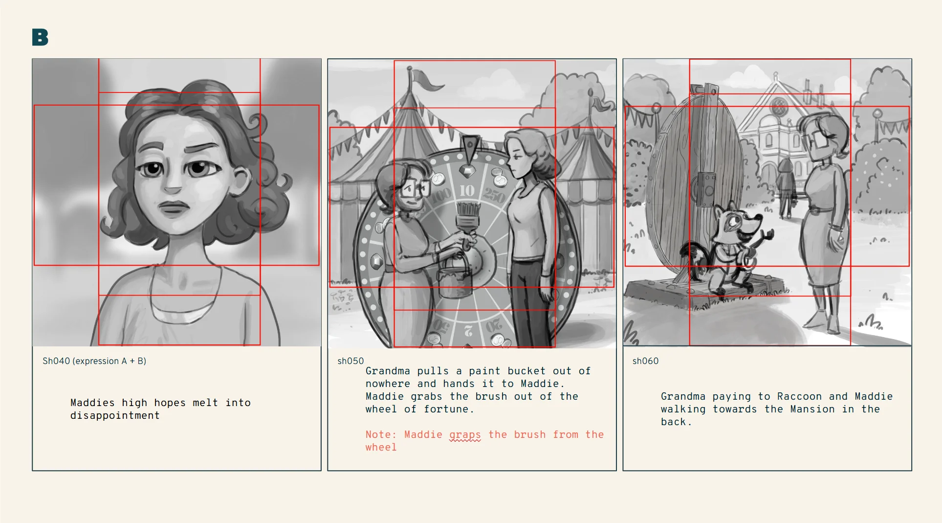 a set of storyboard images from the Brink Helsinki case study for 3D animated user acquisition video: Metacore Merge Mansion Raccoon Riddle.
