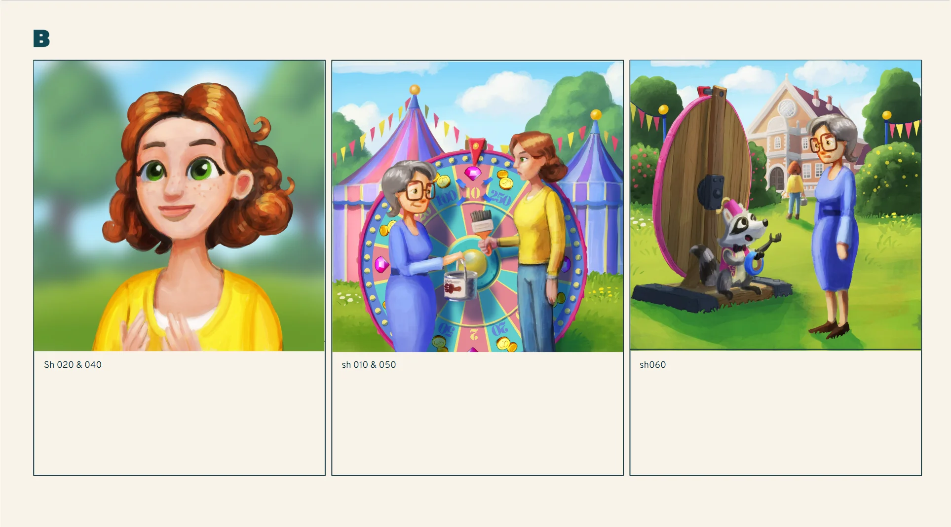 An image of a color script from the Brink Helsinki case study for 3D animated user acquisition video: Metacore Merge Mansion Raccoon Riddle.