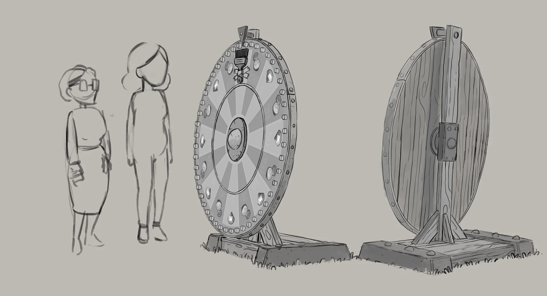 A concept image from the Brink Helsinki case study: Metacore Merge Mansion - Raccoon Riddle. The concept image decipts a wheel of fortune prop made for the 3D user acquisition animation.