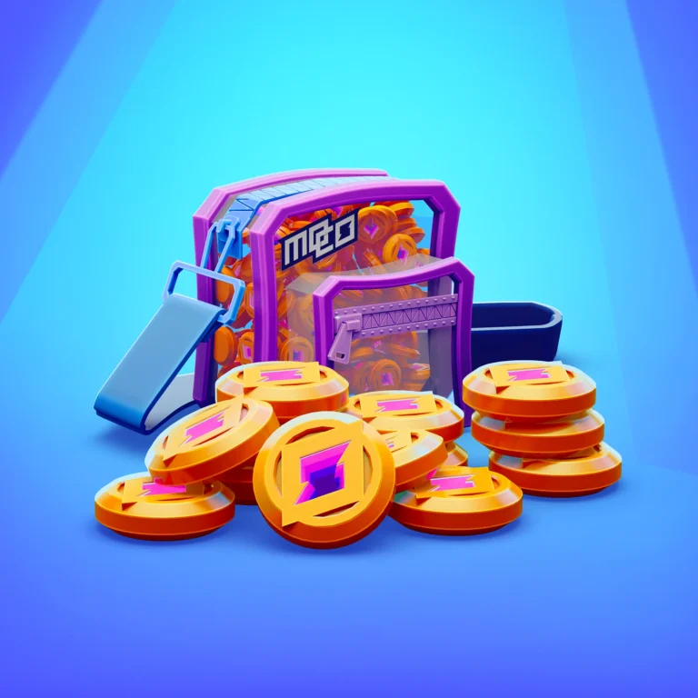 Featured image from the Brink Helsinki case study for Supercell mo.co game's in-world currency assets. In the image there is a transparent shoulder bag, surrounded by mo.gold coins.