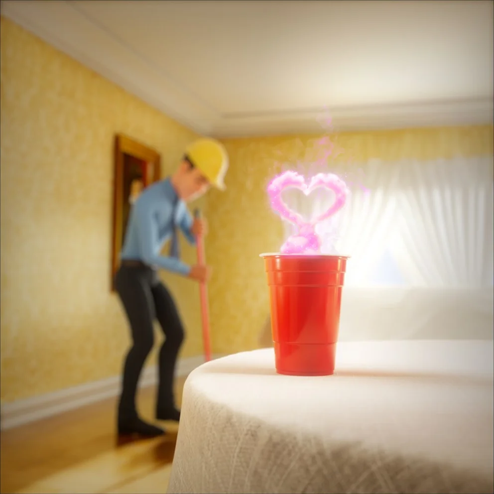 A concept image of an effects animation shot, visualizing a magical pink puff of smoke enemating from a cup of hopeberry juice with a drop from a love potion.