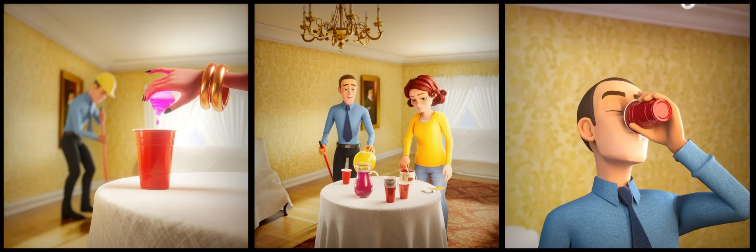 A series of styleframes from the animation production for Merge Mansion: Hopeberry Juice Spike