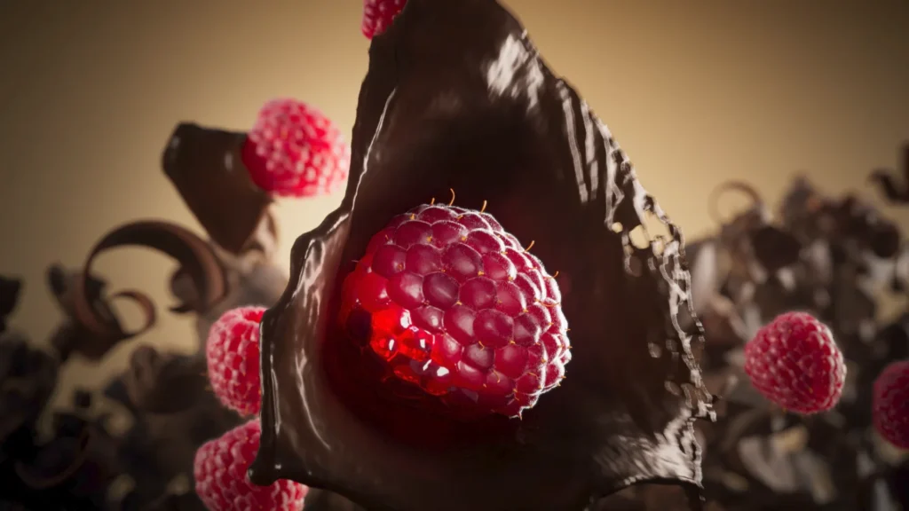 A still frame from an animation where a rasberry hits liquid chocolate. Image from the Brink Helsinki blog post Simulation in Animation