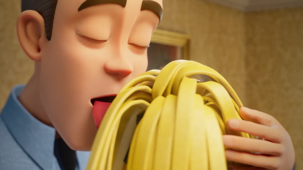 An image from the Brink Helsinki blog post Simulation in Animation. In the image, an animated character is french kissing a mop. Typical.